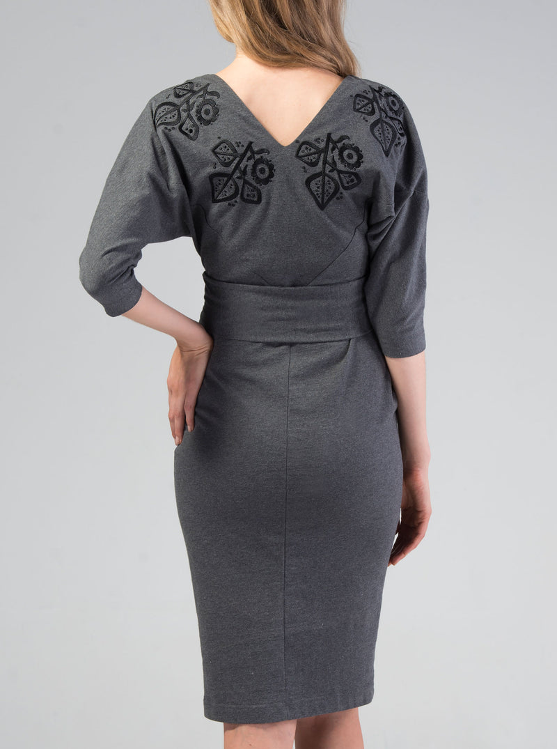 Grey organic cotton embroidered dress MERIKE