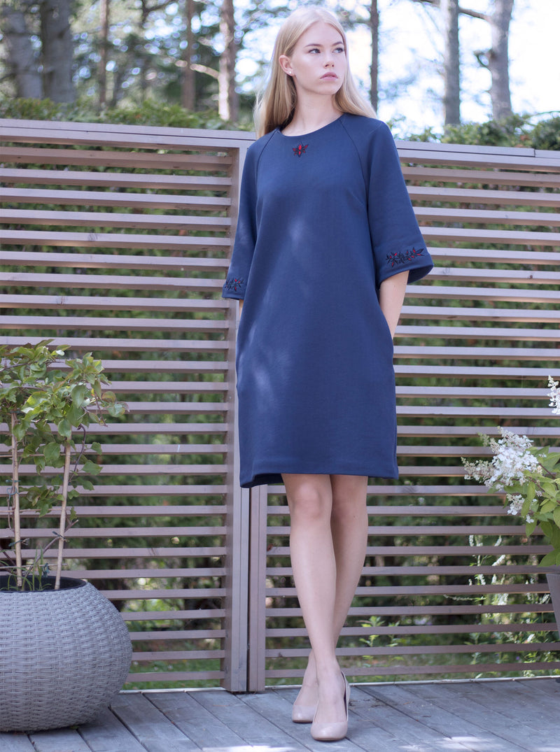 Navy blue organic cotton embroidered dress ELIISE