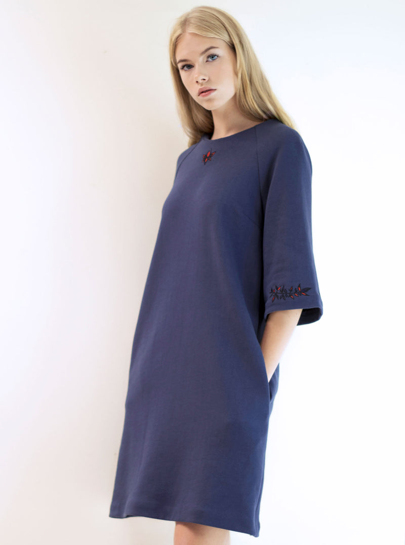 Navy blue organic cotton embroidered dress ELIISE