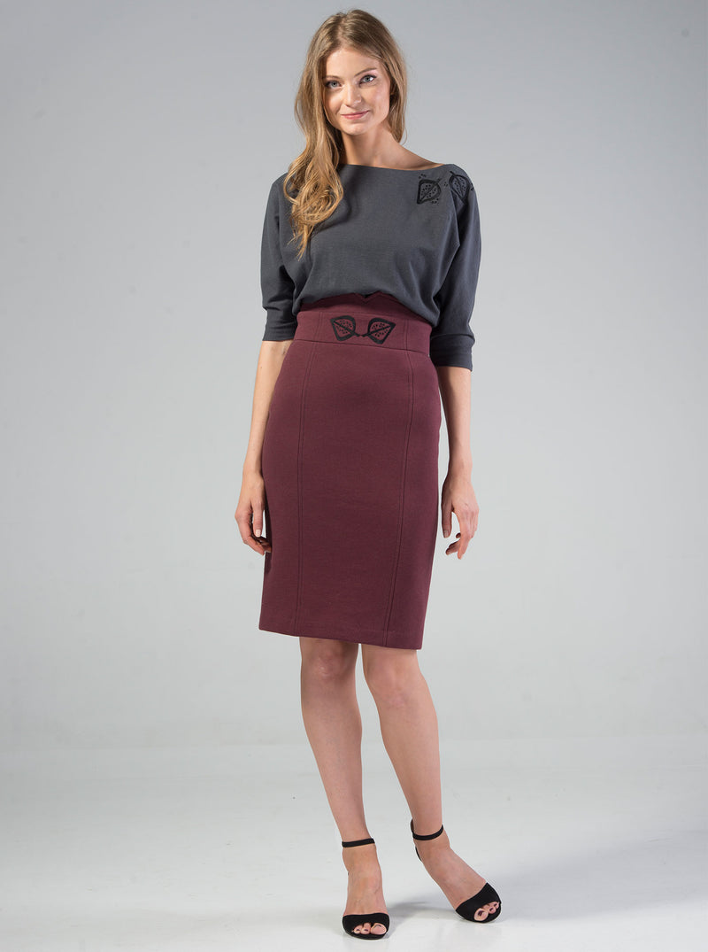 Bordeaux Red Organic Cotton Pencil Skirt VAIKE