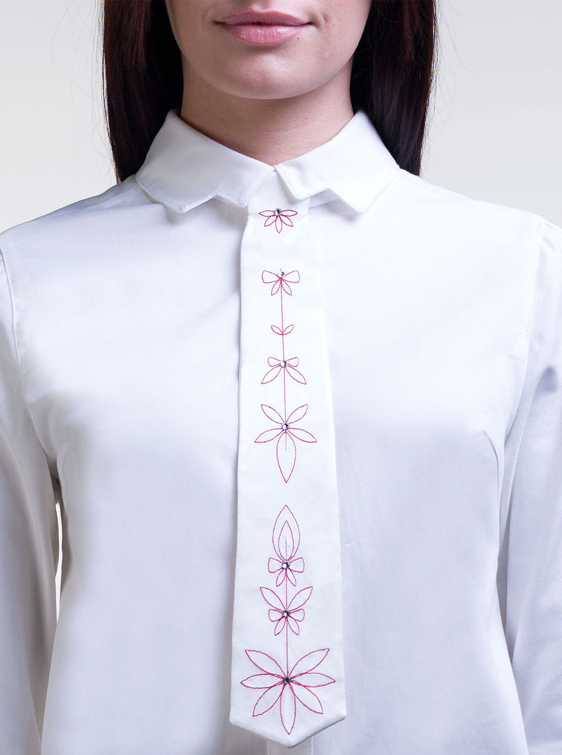 White Organic Silk Embroidered Tie EMMA